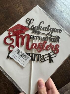 Graduation 'Masters' Cake Topper - Red and Black Glitter